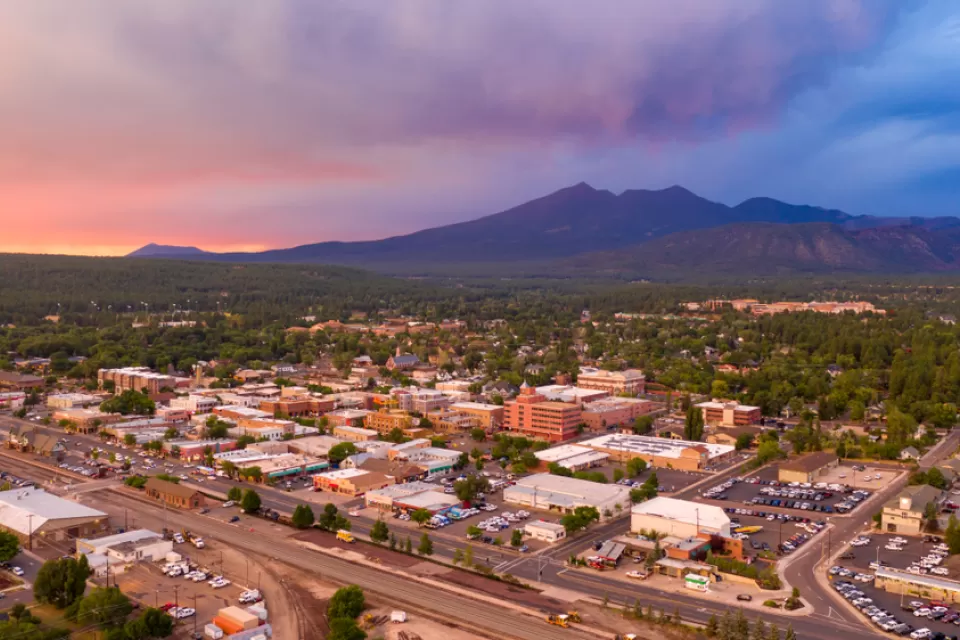 Aerial view of Flagstaff, Arizona at sunset